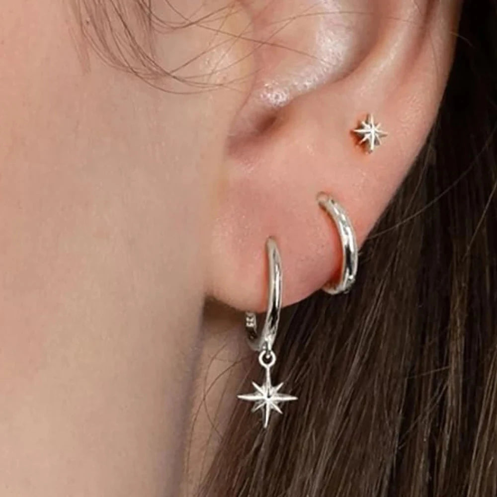 3 Piece Fashion Stainless Steel Round Star Drop Earrings Set for Women 18K Gold Plated Dangle Earring Punk Unisex Rock Jewelry Econic Blanks